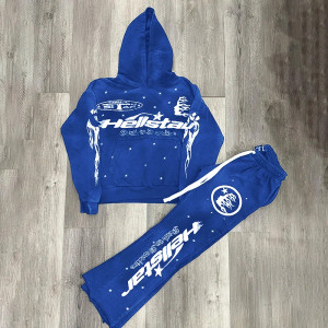 High quality replica UA Vintage Street Hellstar Hip Hop Blue Pullover Hoodie & Flared Sweatpants Set