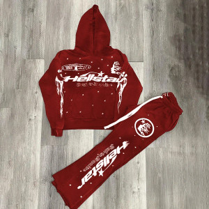 High quality replica UA Fashion Street Hellstar Graphic Hip Hop Wine Red Hoodie & Flared Trousers Two Piece Set
